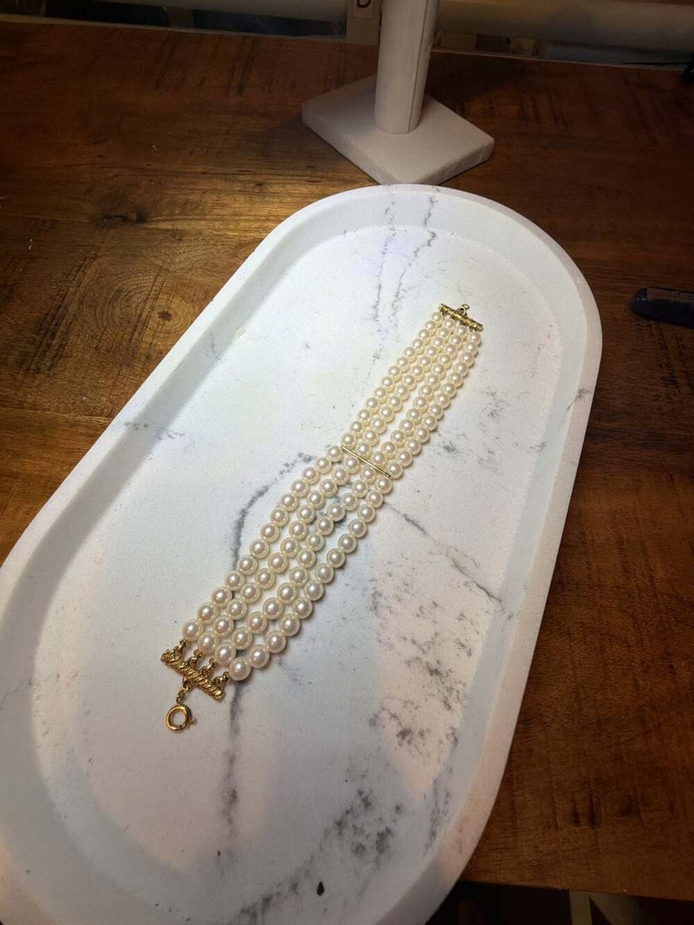 Vintage Triple Strand Faux Pearl Gold Tone Bracelet with Decorative Clasp
